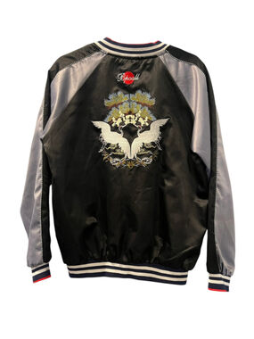 Vintage Style Japanese Sukajan Souvenir Jacket Crane Embroidery Black Satin XXL